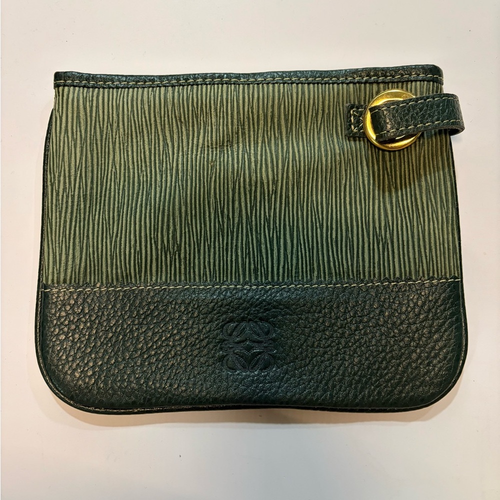Vintage LOEWE Green Leather Pouch Clutch Gold Ring Detail - AUTHENTIC